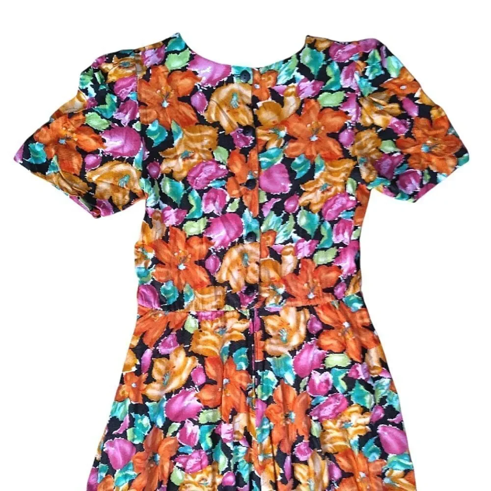 VTG 80s Bright Floral V Waist Midi Dress SZ 12 *Fits like Med Gardencore‎